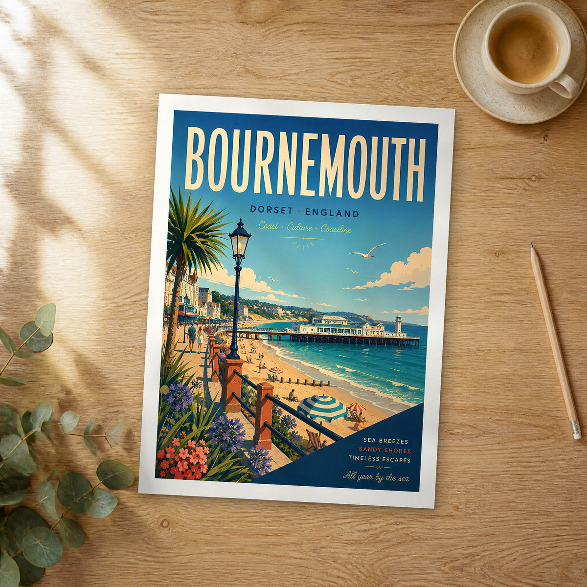 Unframed Reading retro travel poster on a wooden table