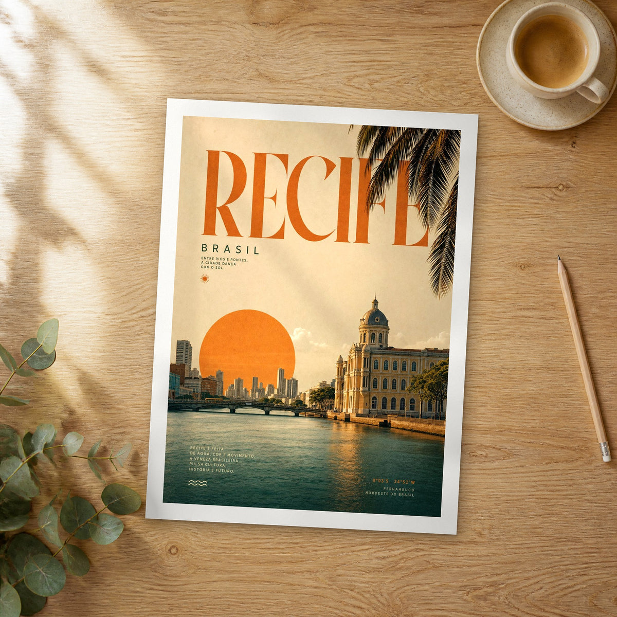 Unframed Recife bold typography travel poster on a wooden table
