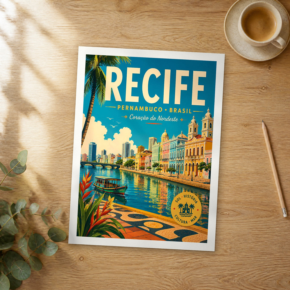 Unframed Recife retro travel poster on a wooden table