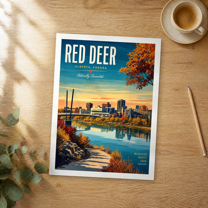 Unframed Red Deer retro travel poster on a wooden table
