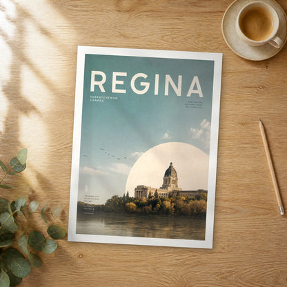 Unframed Regina bold typography travel poster on a wooden table
