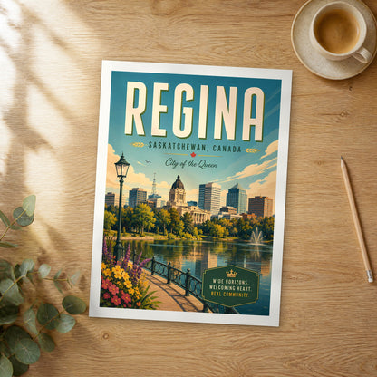 Unframed Regina retro travel poster on a wooden table