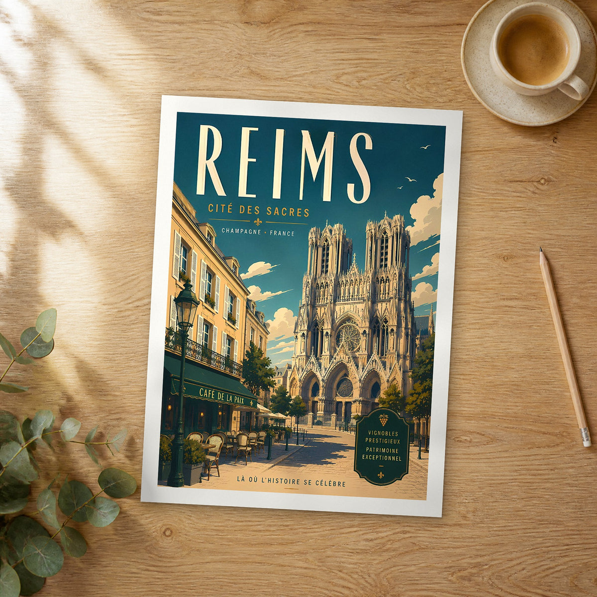 Unframed Reims retro travel poster on a wooden table