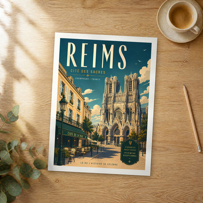 Unframed Reims retro travel poster on a wooden table