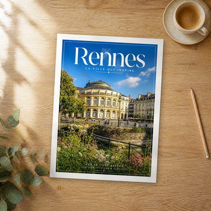 Unframed Rennes editorial travel poster on a wooden table
