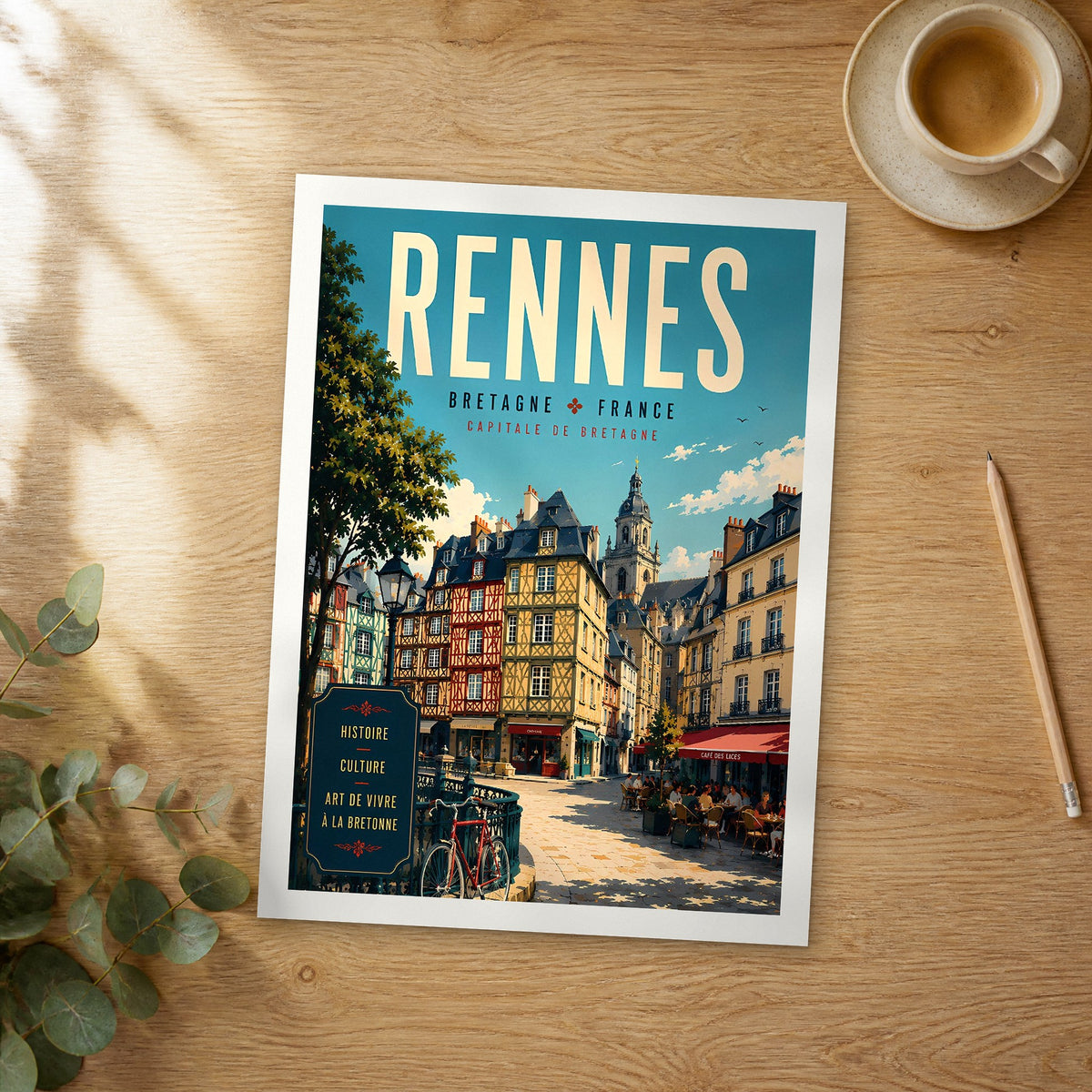 Unframed Rennes retro travel poster on a wooden table