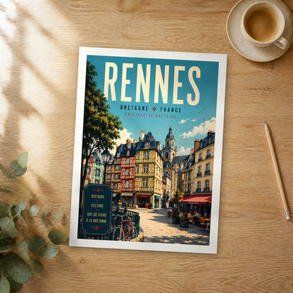 Unframed Rennes retro travel poster on a wooden table