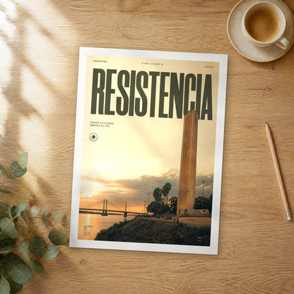Unframed Resistencia bold typography travel poster on a wooden table