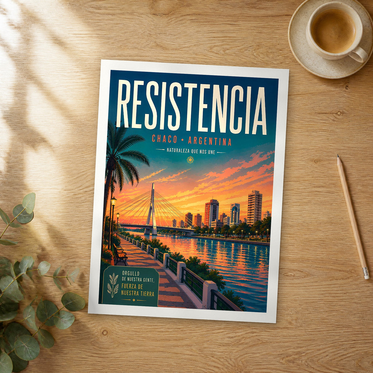 Unframed Resistencia retro travel poster on a wooden table
