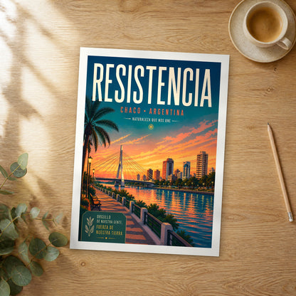 Unframed Resistencia retro travel poster on a wooden table