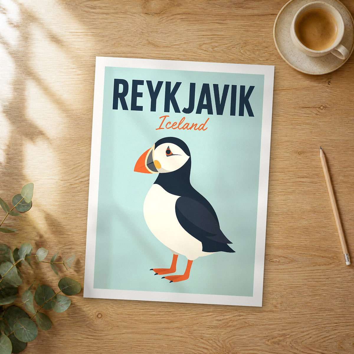 Unframed Reykjavik pop art travel poster on a wooden table