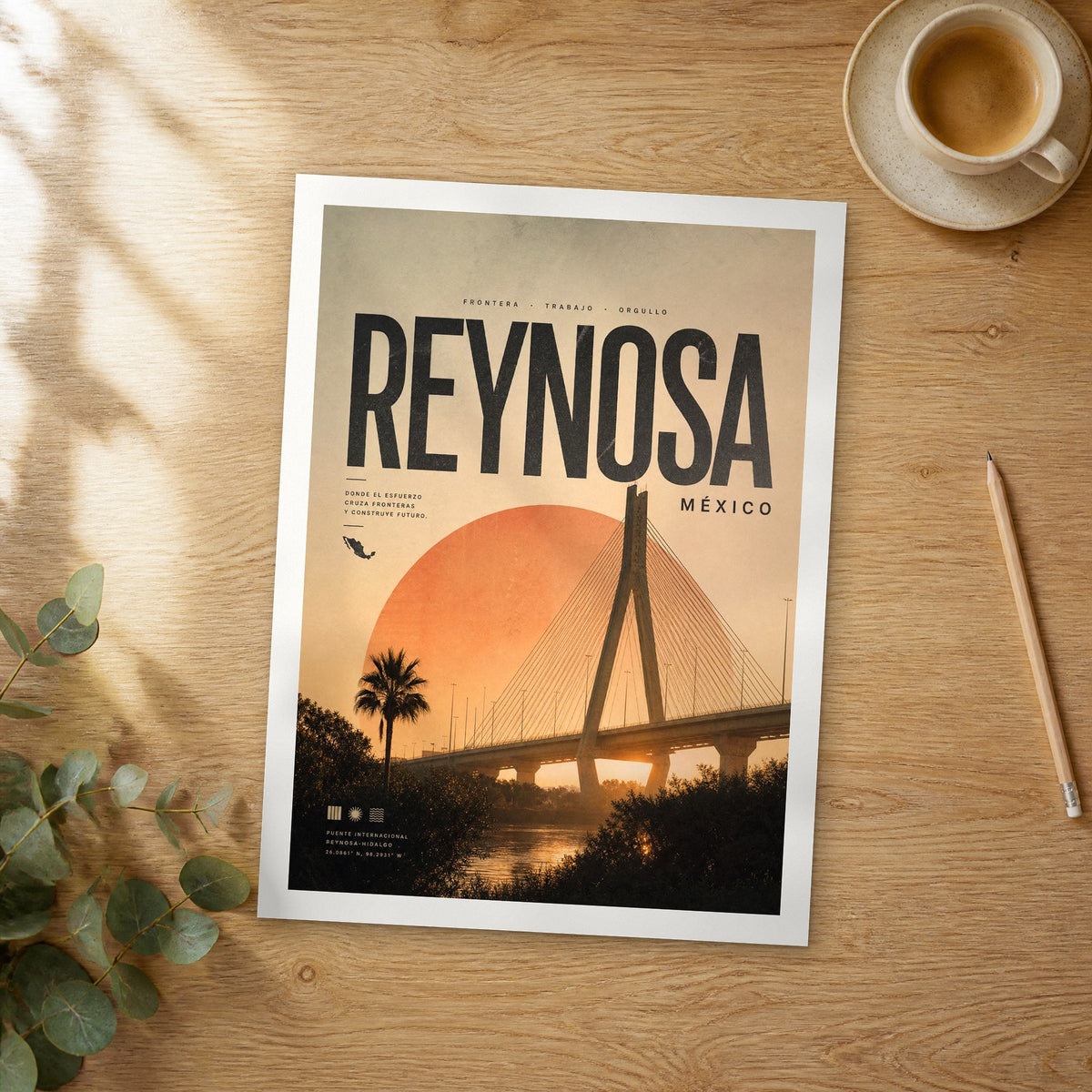 Unframed Reynosa bold typography travel poster on a wooden table