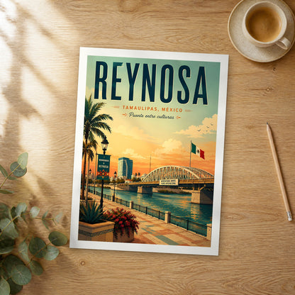 Unframed Reynosa retro travel poster on a wooden table