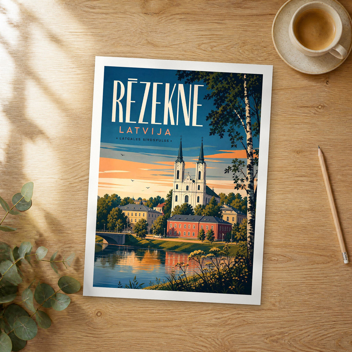 Unframed Rēzekne retro travel poster on a wooden table