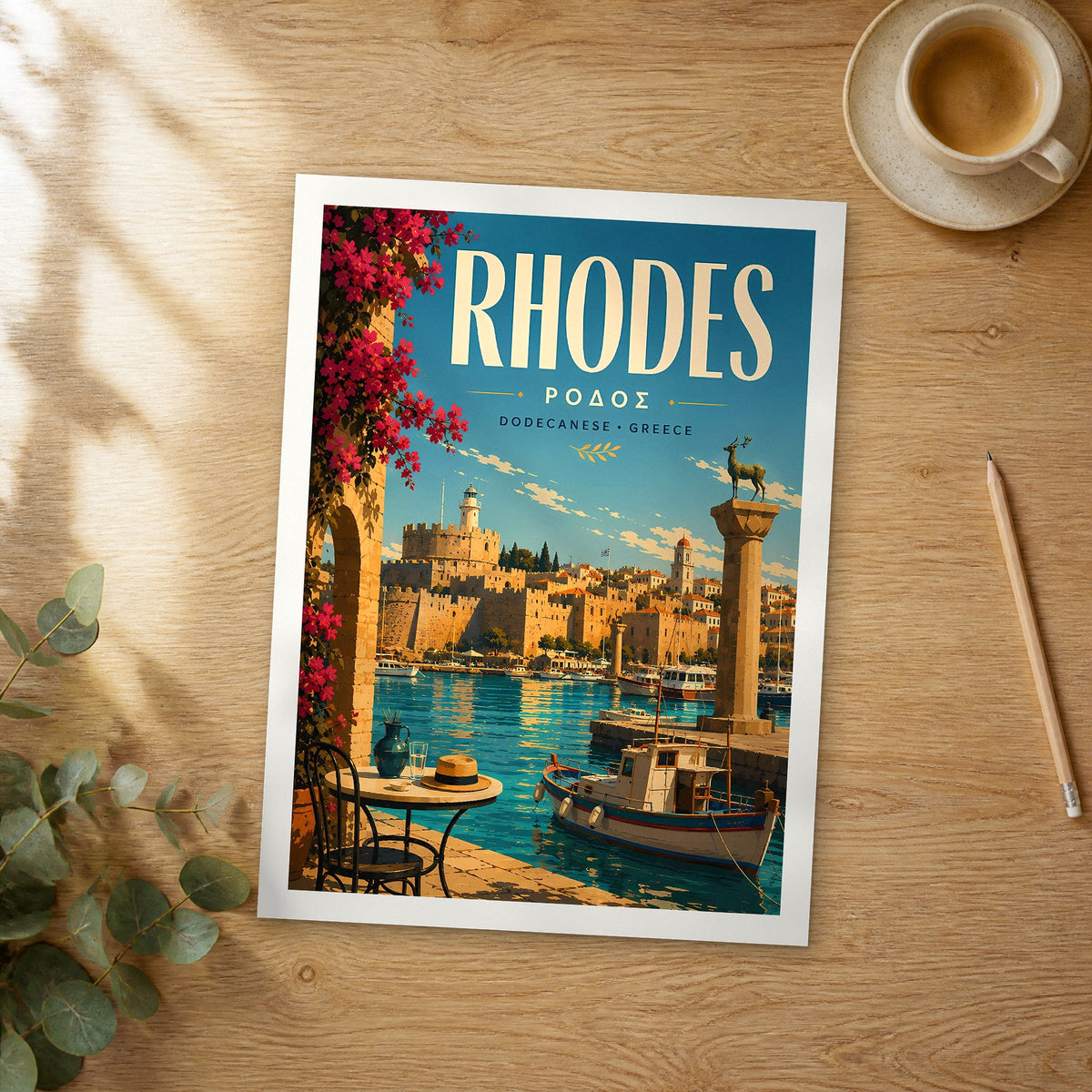Unframed Rhodes Mandraki Harbour Deer retro travel poster on a wooden table