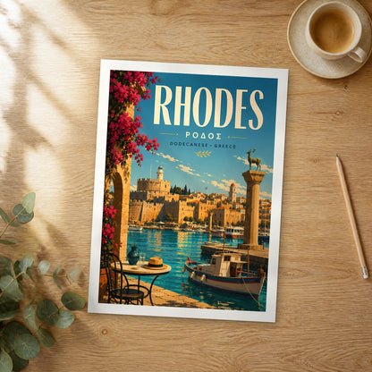 Unframed Rhodes Mandraki Harbour Deer retro travel poster on a wooden table