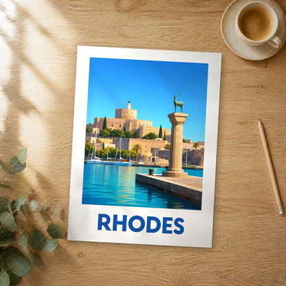 Unframed Rhodes modern digital travel poster on a wooden table