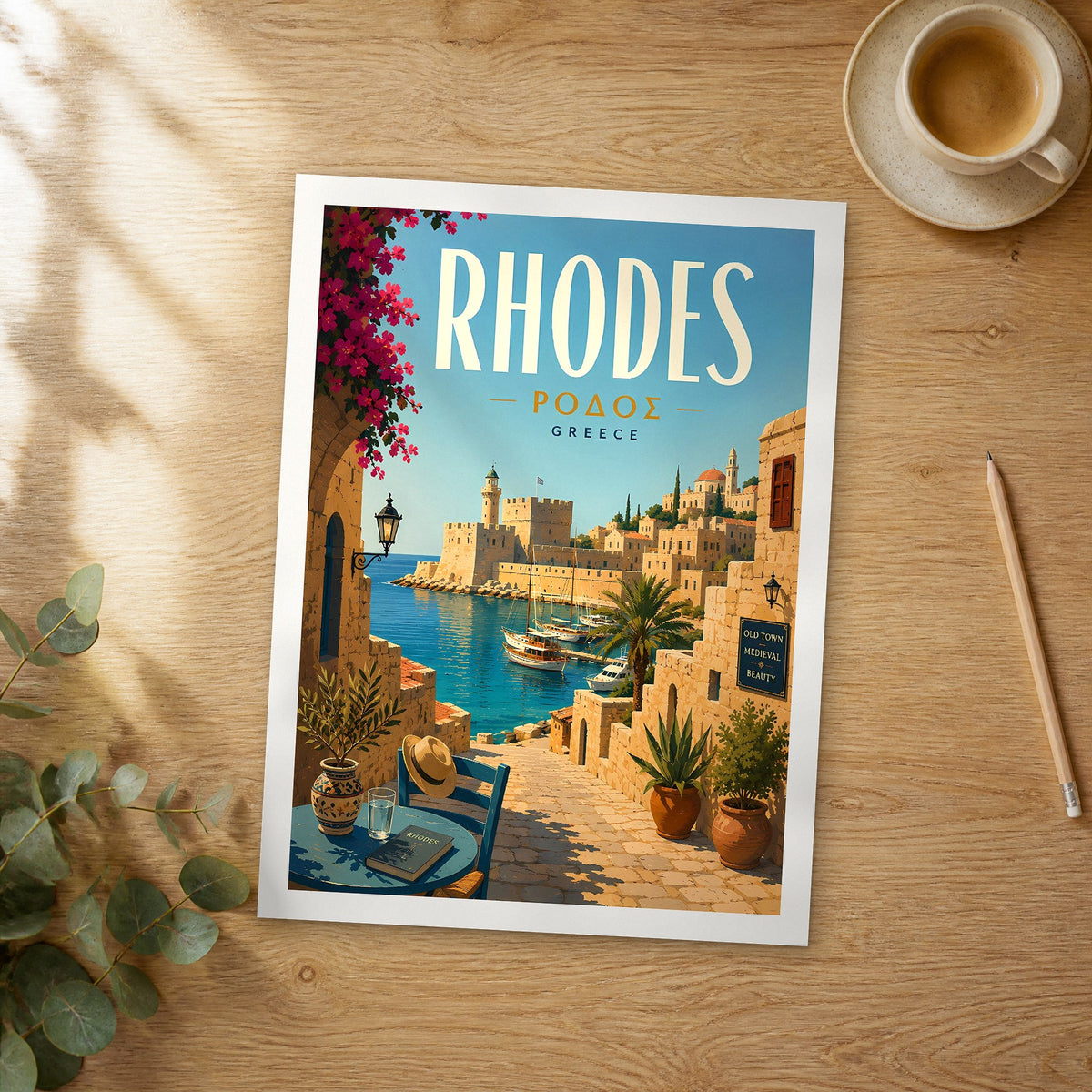 Unframed Rhodes Old Town Harbour retro travel poster on a wooden table