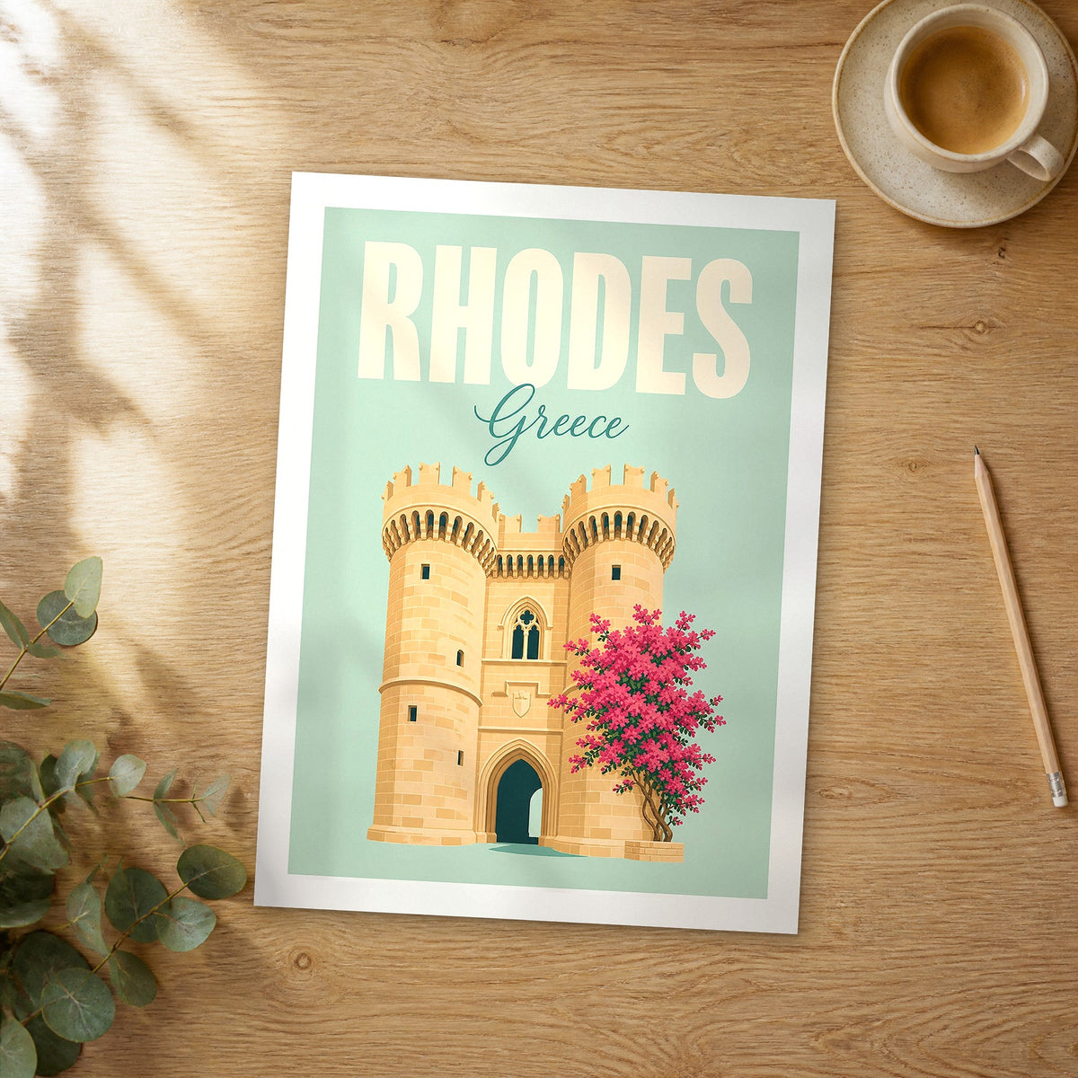 Unframed Rhodes pastel pop art travel poster on a wooden table