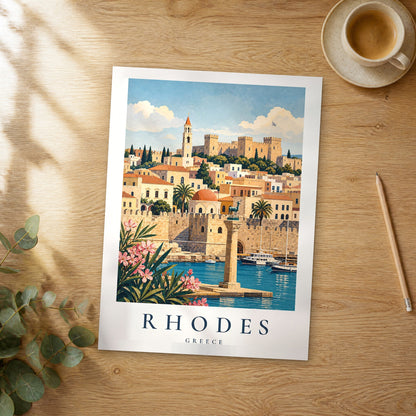 Unframed Rhodes vintage travel poster on a wooden table