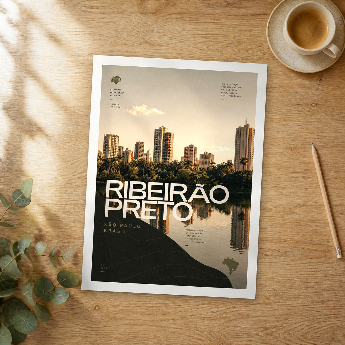 Unframed Ribeirão Preto bold typography travel poster on a wooden table