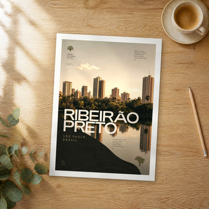 Unframed Ribeirão Preto bold typography travel poster on a wooden table