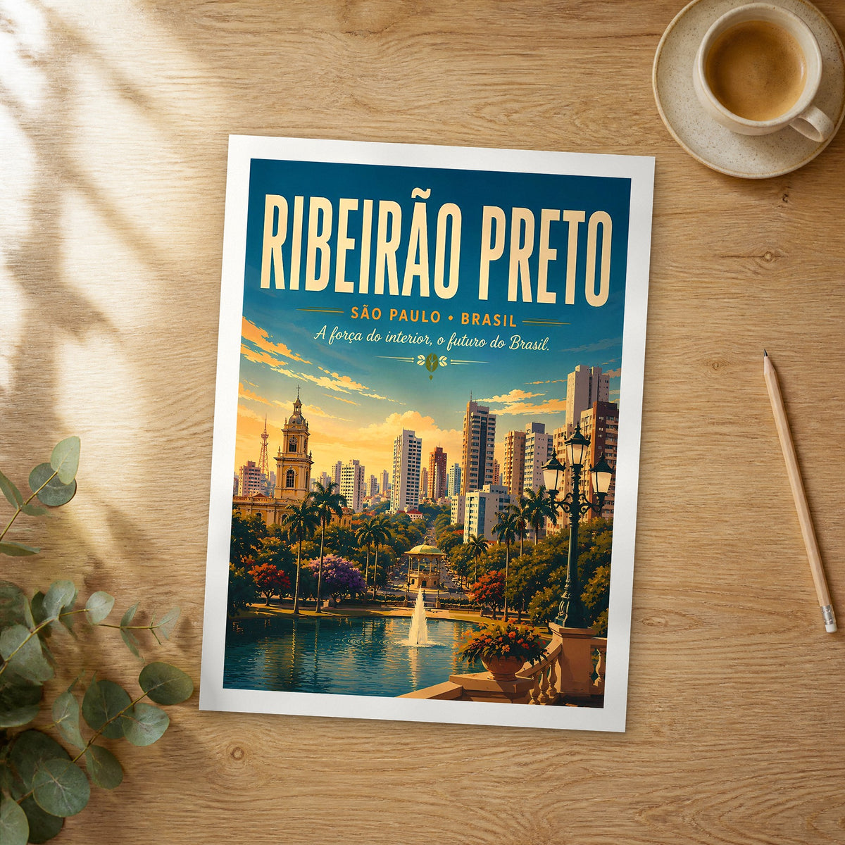 Unframed Ribeirão Preto retro travel poster on a wooden table