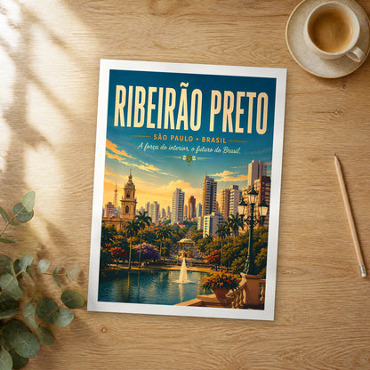 Unframed Ribeirão Preto retro travel poster on a wooden table