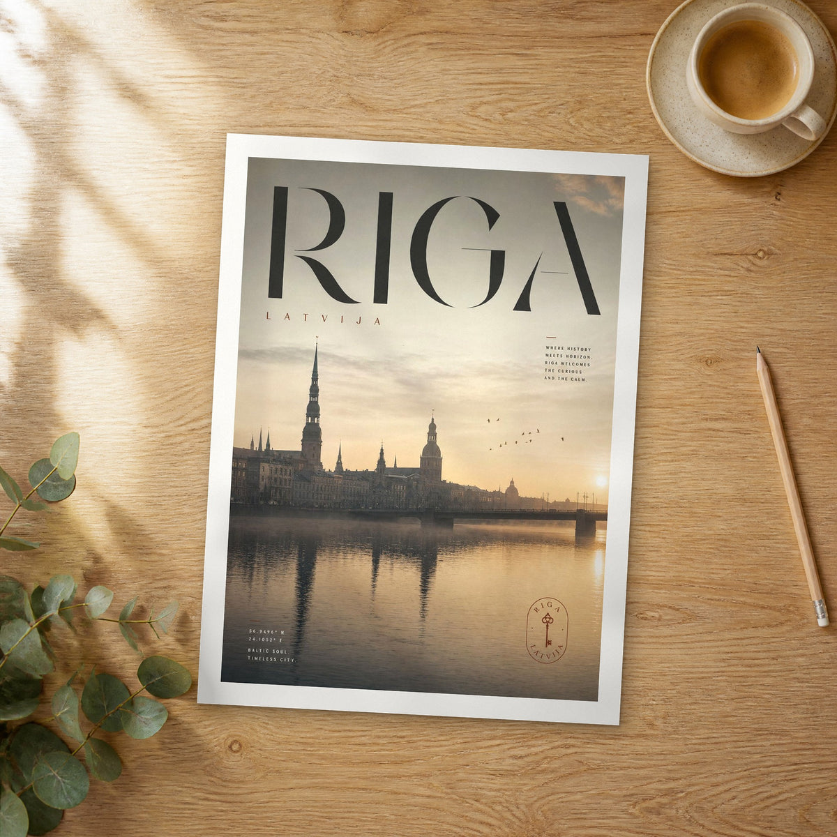 Unframed Riga bold typography travel poster on a wooden table