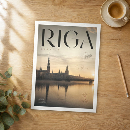 Unframed Riga bold typography travel poster on a wooden table