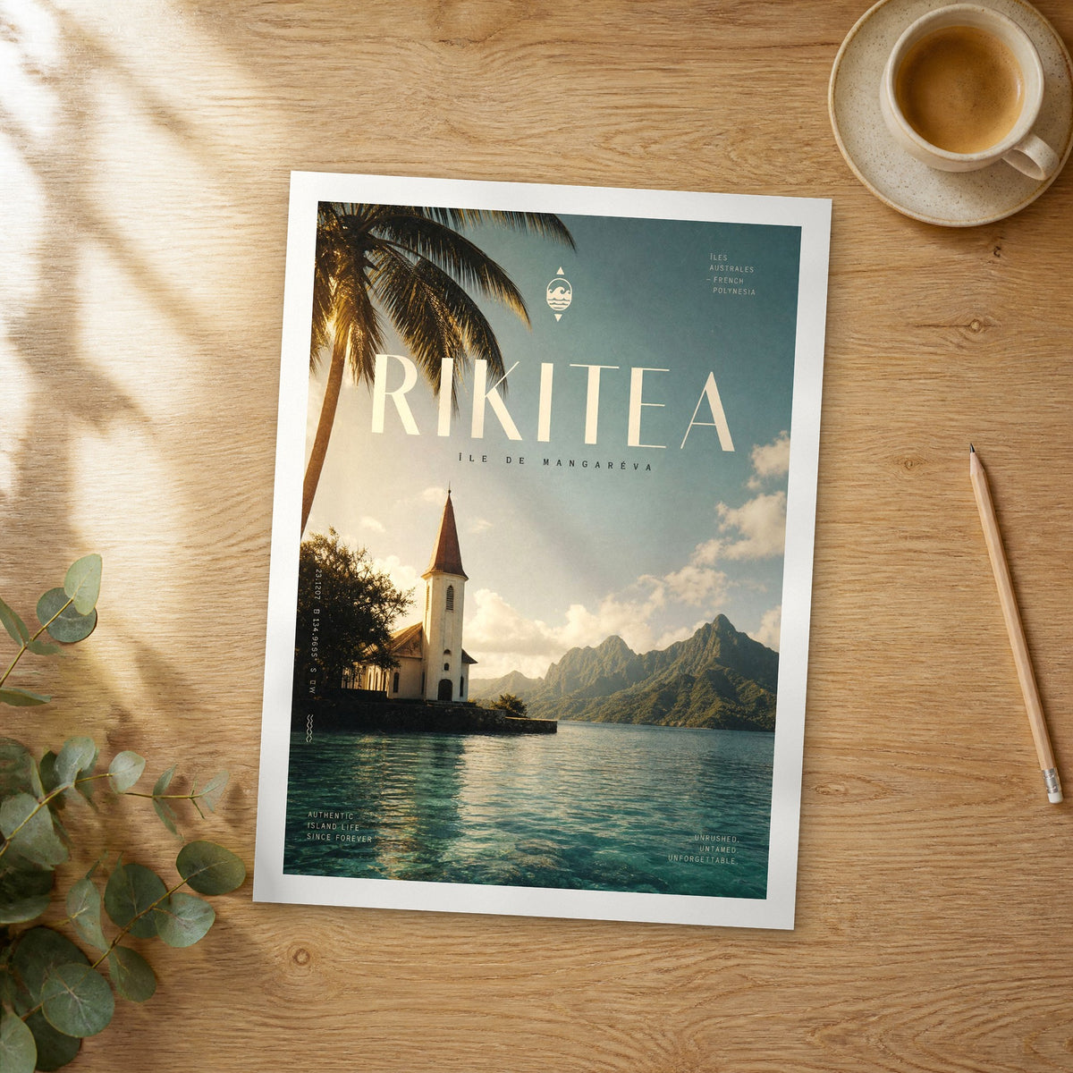Unframed Rikitea bold typography travel poster on a wooden table