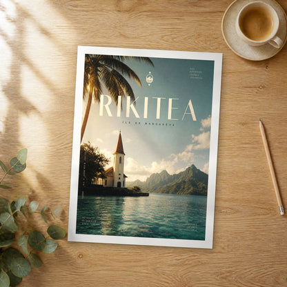 Unframed Rikitea bold typography travel poster on a wooden table