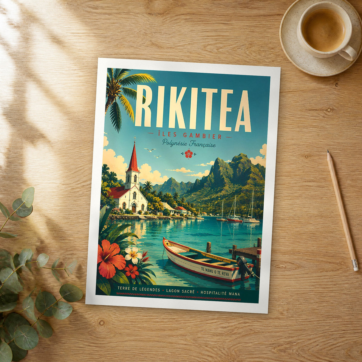 Unframed Rikitea retro travel poster on a wooden table