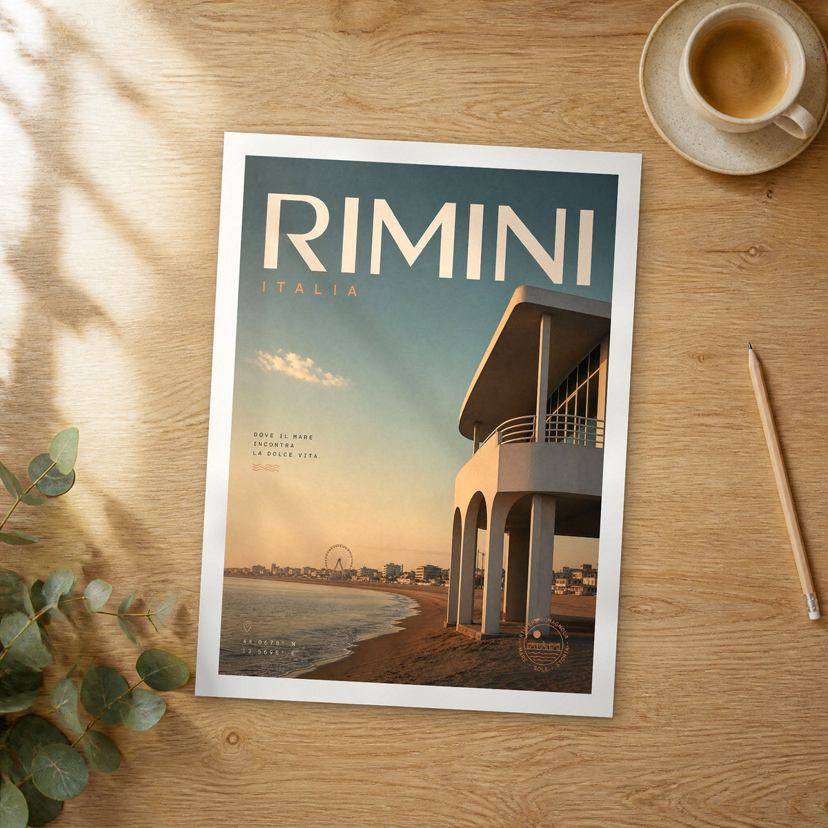 Unframed Rimini bold typography travel poster on a wooden table