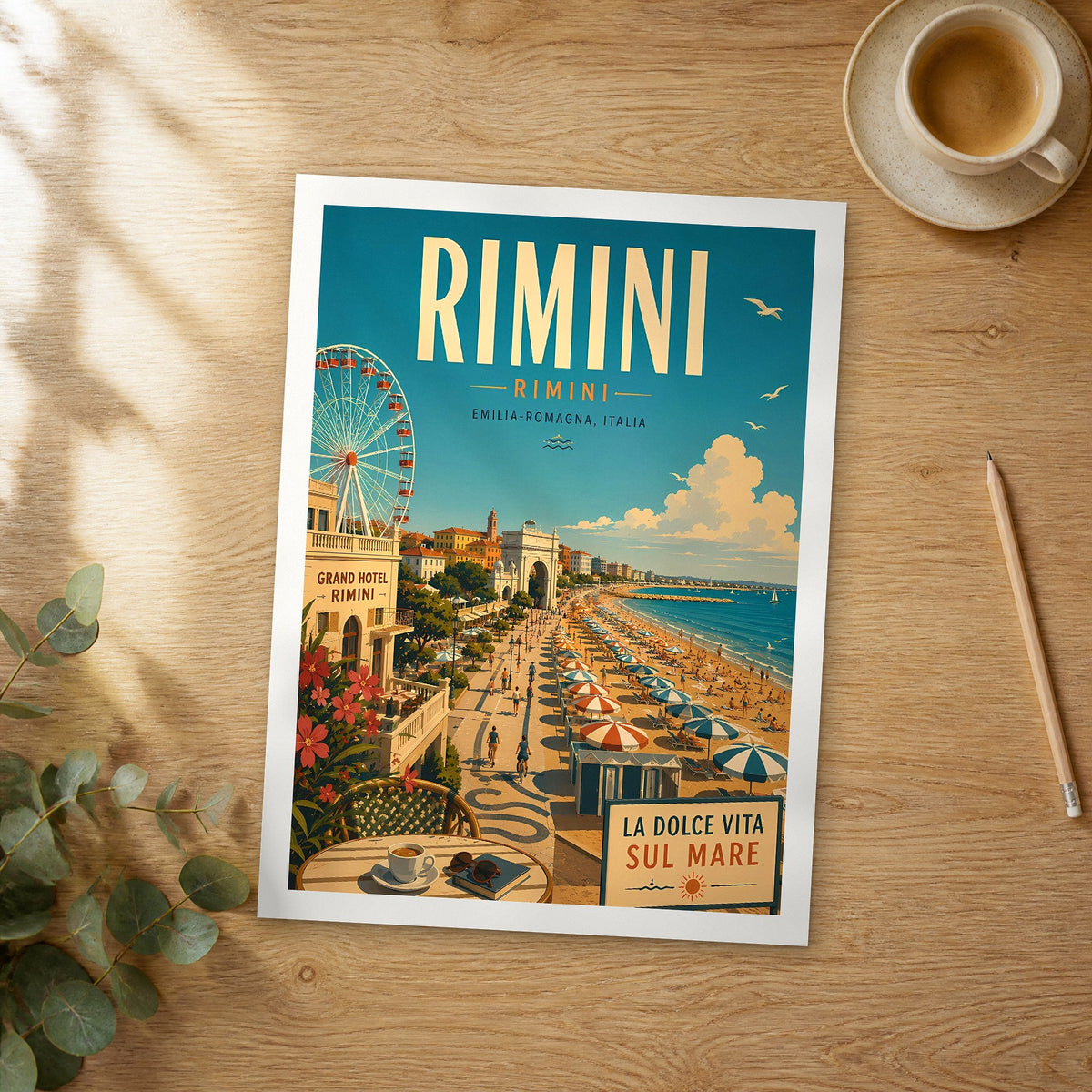 Unframed Rimini retro travel poster on a wooden table