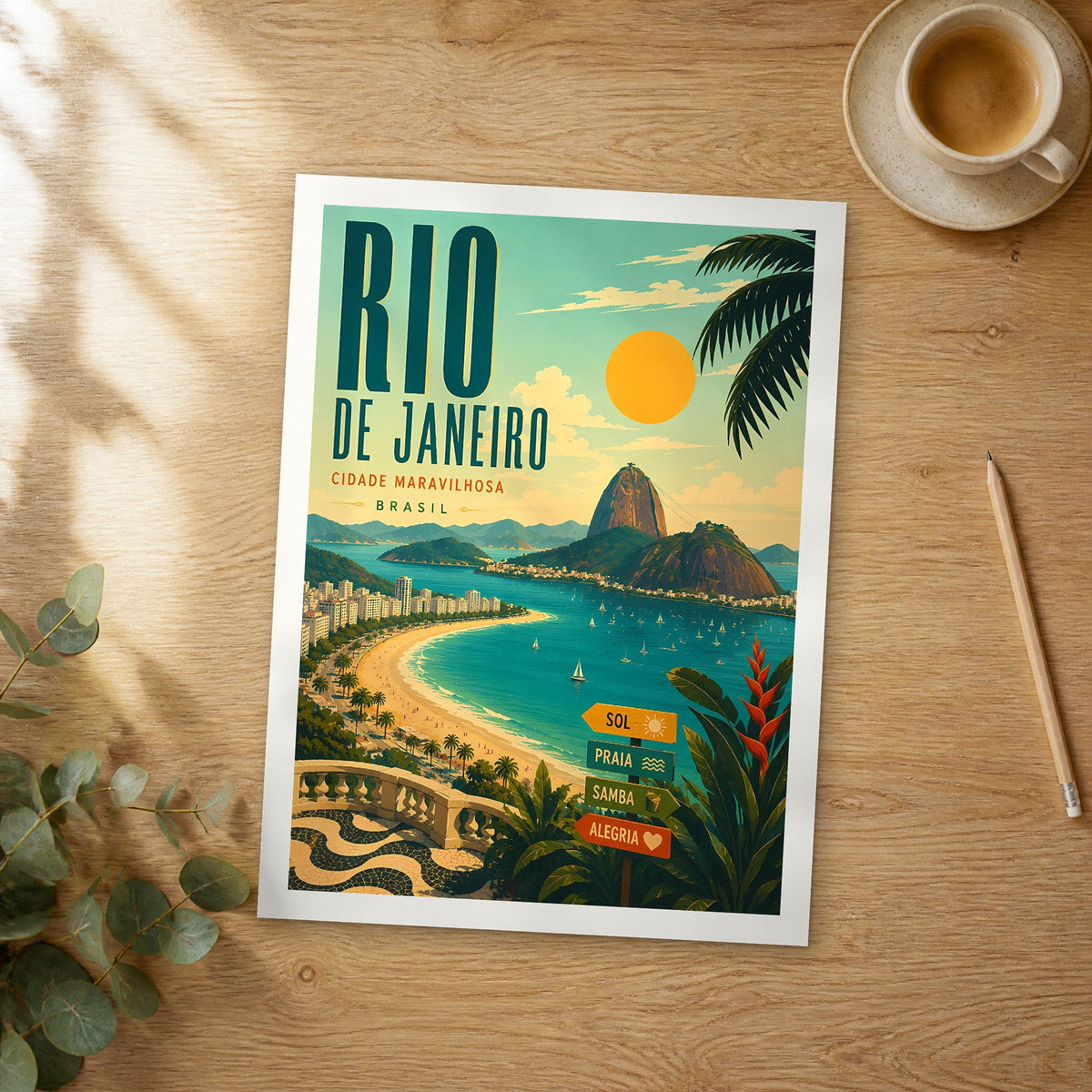 Unframed Rio de Janeiro Botafogo Bay Beach retro travel poster on a wooden table