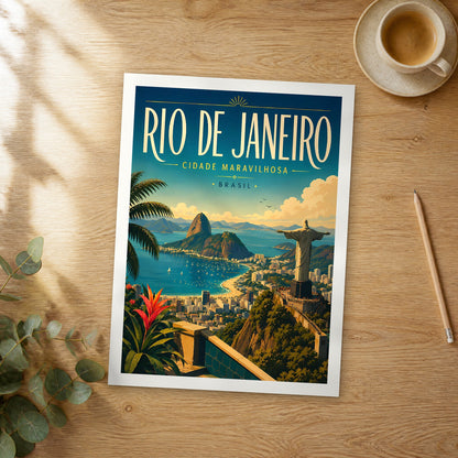 Unframed Rio de Janeiro Christ the Redeemer retro travel poster on a wooden table