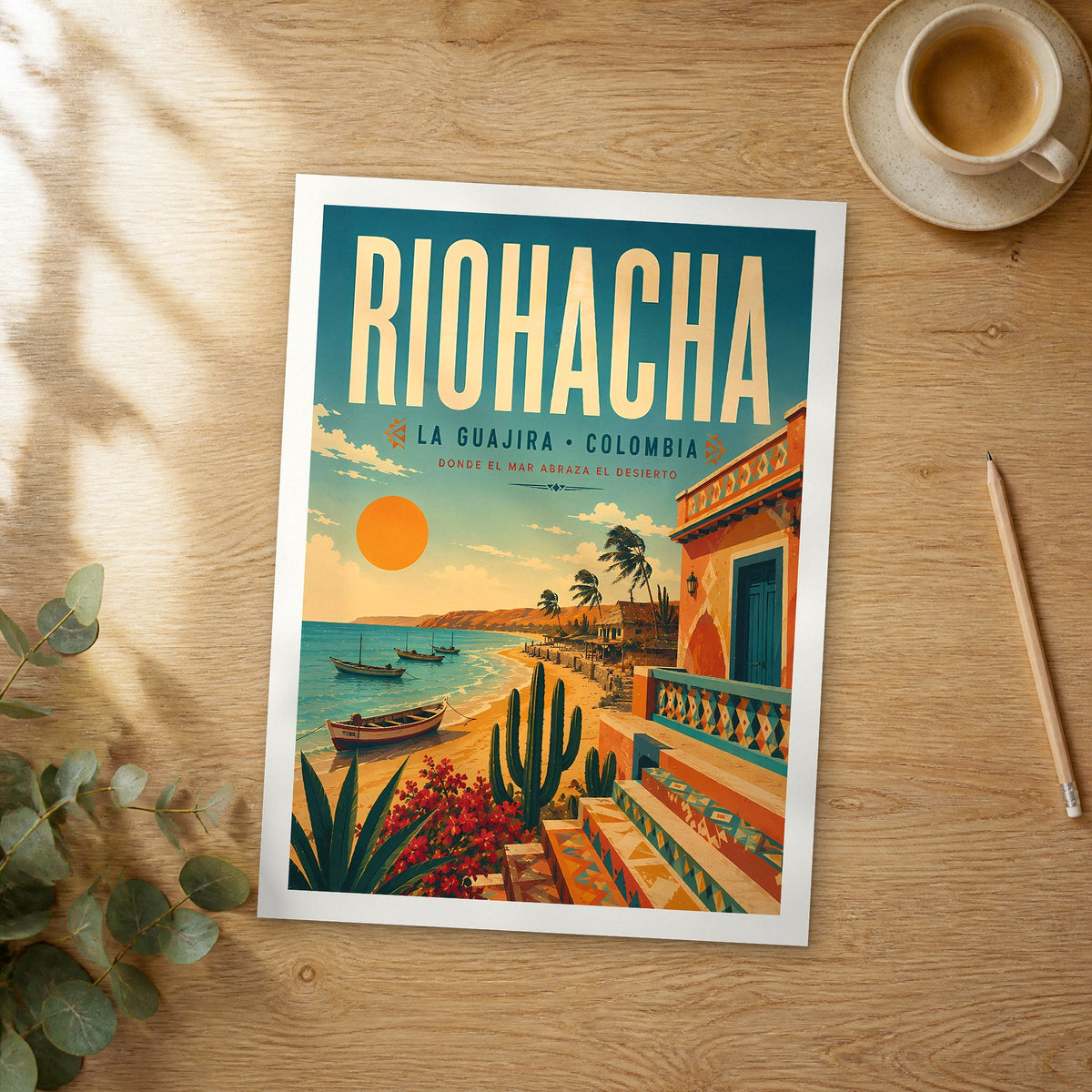 Unframed Riohacha retro travel poster on a wooden table