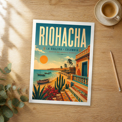 Unframed Riohacha retro travel poster on a wooden table