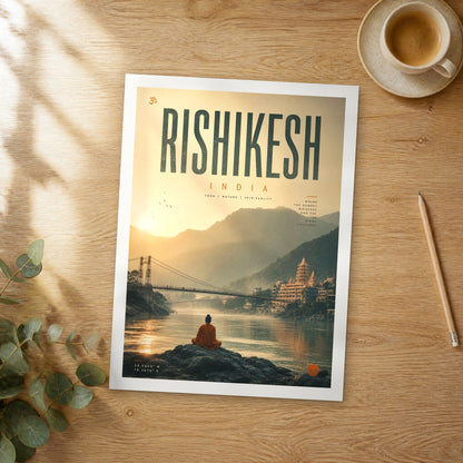 Unframed Rishikesh bold typography travel poster on a wooden table