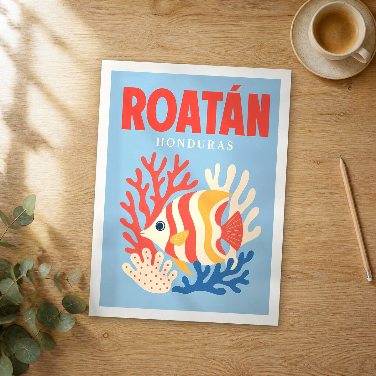 Unframed Roatán pop art travel poster on a wooden table