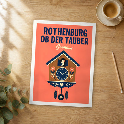 Unframed Rothenburg ob der Tauber pop art travel poster on a wooden table