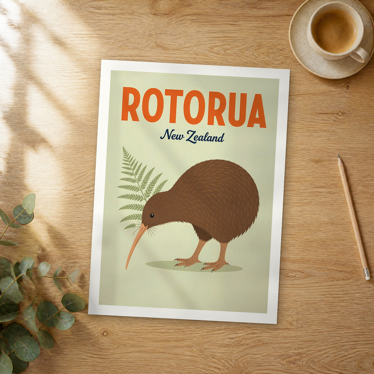 Unframed Rotorua pop art travel poster on a wooden table