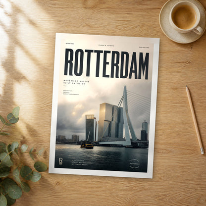 Unframed Rotterdam bold typography travel poster on a wooden table