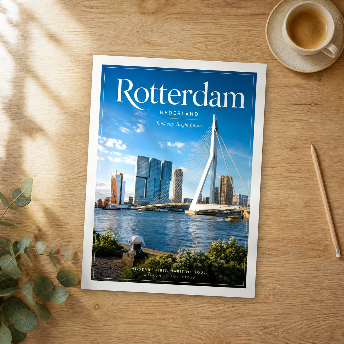 Unframed Rotterdam editorial travel poster on a wooden table