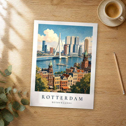 Unframed Rotterdam vintage travel poster on a wooden table