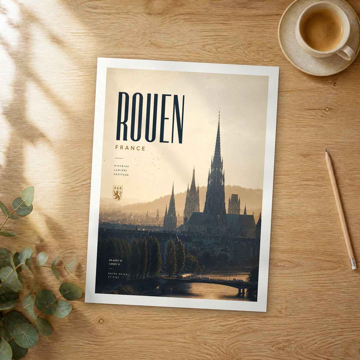 Unframed Rouen bold typography travel poster on a wooden table