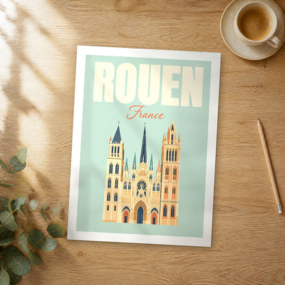 Unframed Rouen pastel pop art travel poster on a wooden table
