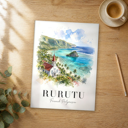 Unframed Rurutu watercolor travel poster on a wooden table