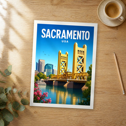 Unframed Sacramento vibrant digital travel poster on a wooden table